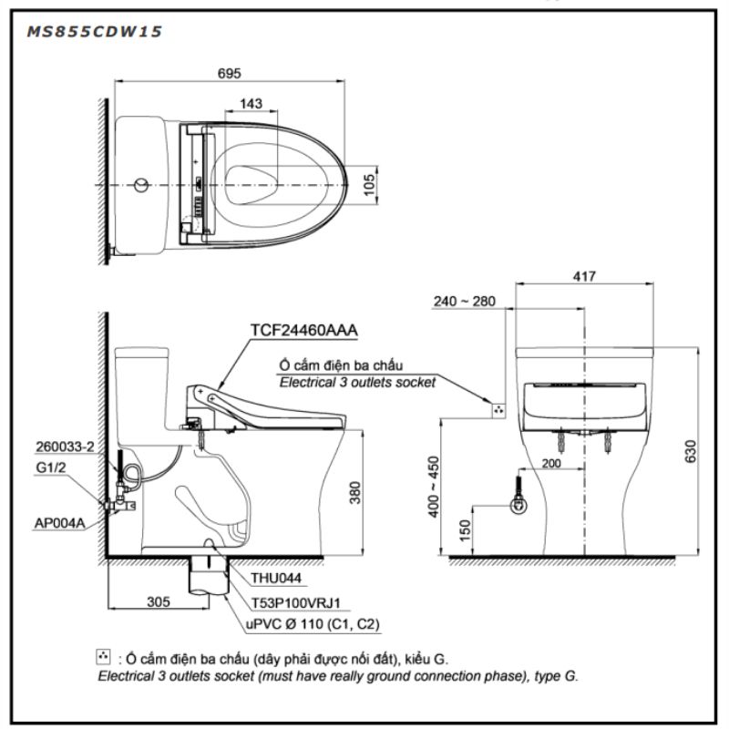 Bàn cầu 1 khối TOTO MS855CDW15 nắp điện tử Washlet C5 TCF24460AAA giấu dây